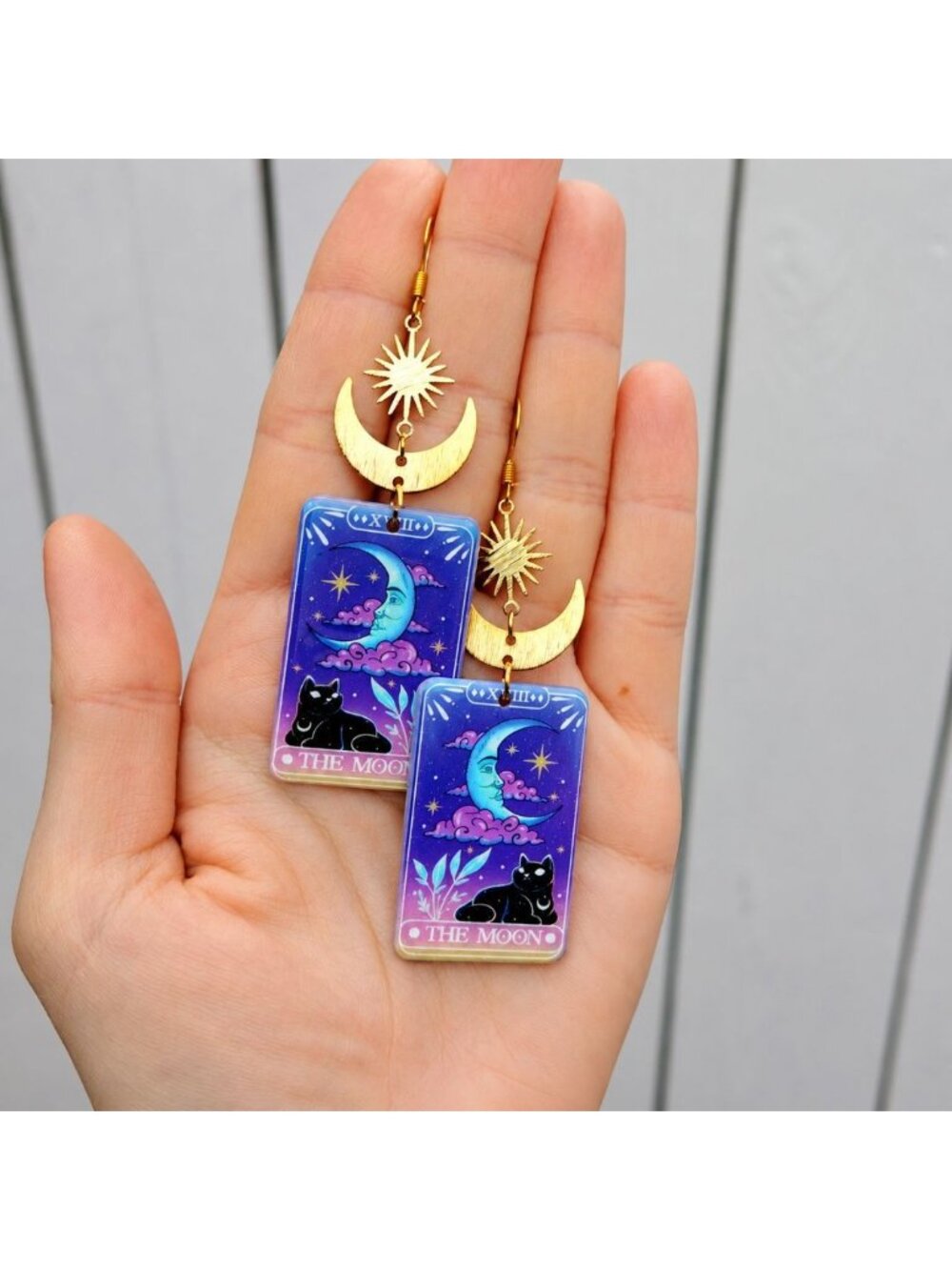 The Moon Black Cat Tarot Style Dangle Earrings Acrylic Handmade Celestial Sun - Picture 2 of 5